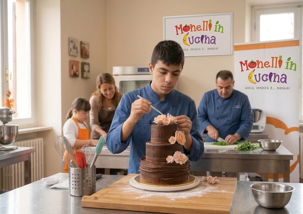 Ragazzo chef decora una torta durante un laboratorio professionale