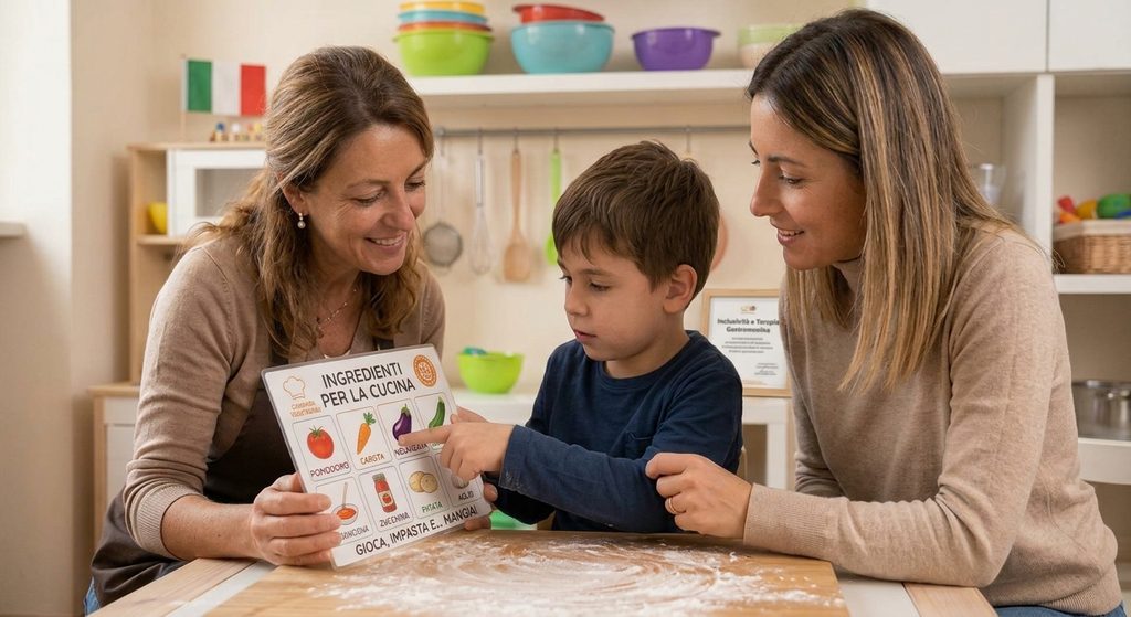 Bambino usa una scheda di comunicazione con pittogrammi in cucina affiancato da una psicologa