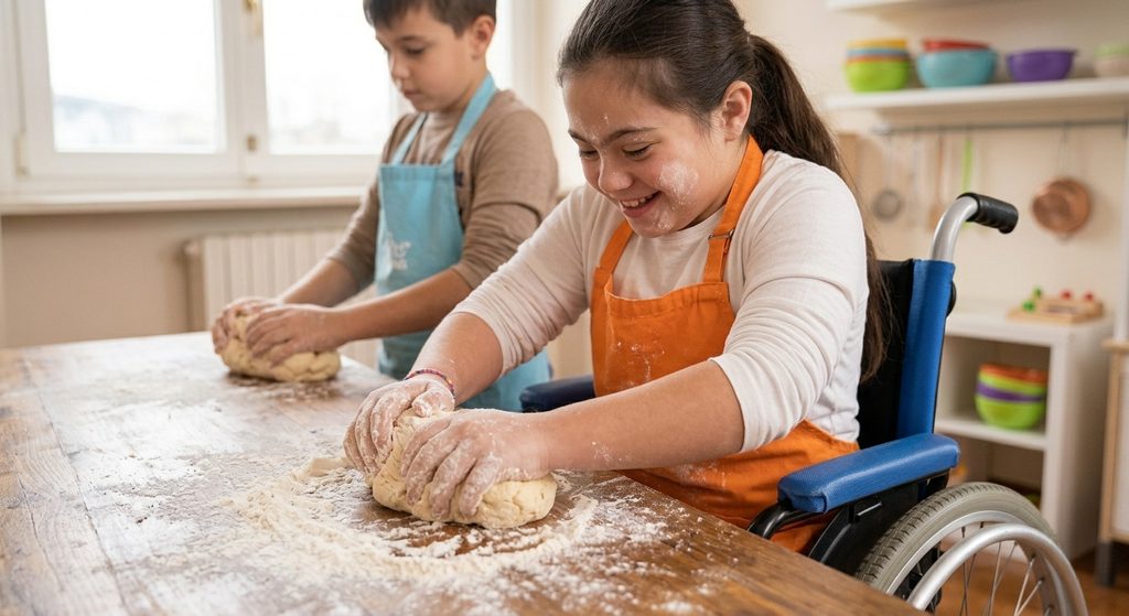 Bambina in sedia a rotelle impasta la farina in un laboratorio di cucina inclusivo